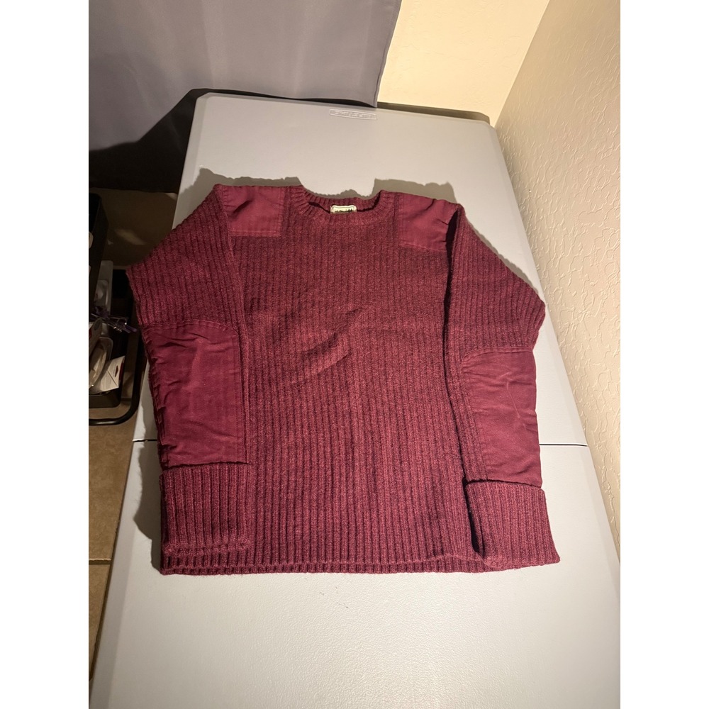 LL Bean Commando Sweater Mens Large Burgundy Merino Lambswool Ribbed Patches